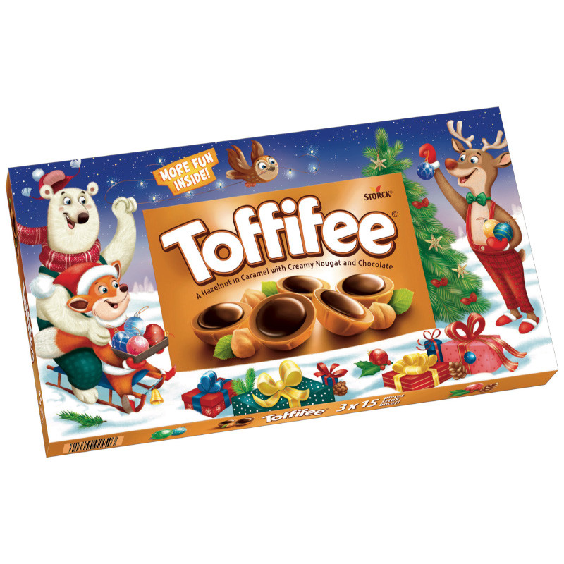 Toffifee Weihnachtsbild 3 x 15er feine Nuss-Nougat-Pralinen mit Karamell und Schokolade in festlicher Geschenkverpackung